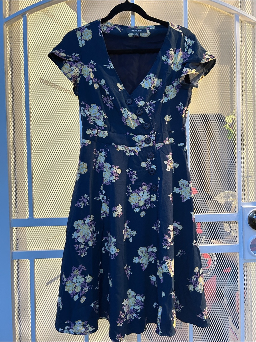 Floral Navy V-Neck Button-Front Women's Dress